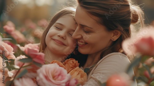Cute little preschooler daughter hug cuddle with smiling young mother kiss show love and affection, small girl child embrace happy millennial mom or nanny, share close intimate moment together photo