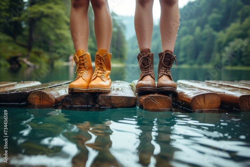 A lone figure stands on a wooden dock, their bare feet dangling above the calm waters of the lake, surrounded by towering trees and the warm embrace of summer, their footwear forgotten in the tranqui photo