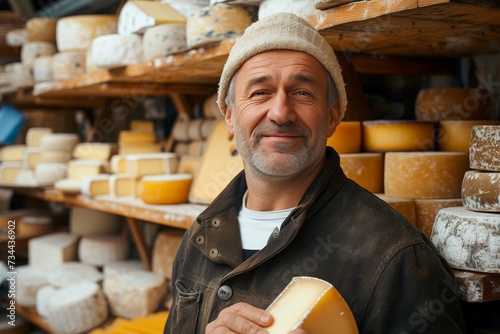 A proud man in traditional clothing showcases his passion for cheesemaking, holding a delectable piece of parmigiano reggiano at an indoor market