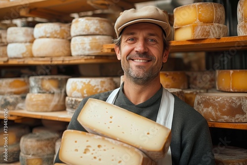 A beaming man proudly displays his love for dairy as he holds a tower of artisanal cheeses, including the famous parmigianoreggiano and toma, while donning a charming hat indoors photo