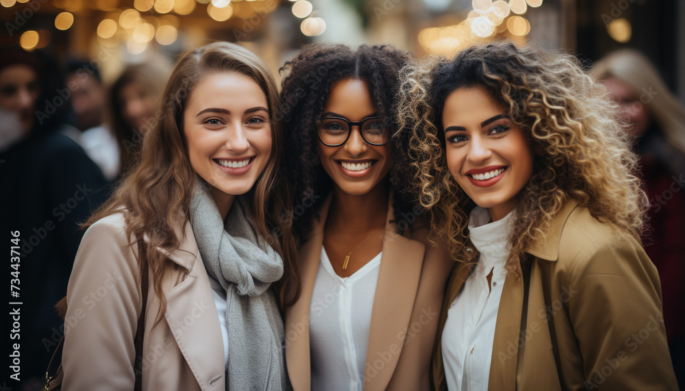 Fototapeta premium Young adults, smiling, looking at camera, outdoors, togetherness, friendship generated by AI