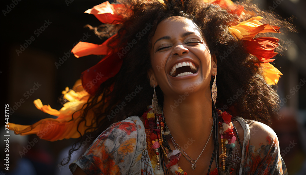 A beautiful young African woman smiling outdoors, radiating happiness generated by AI