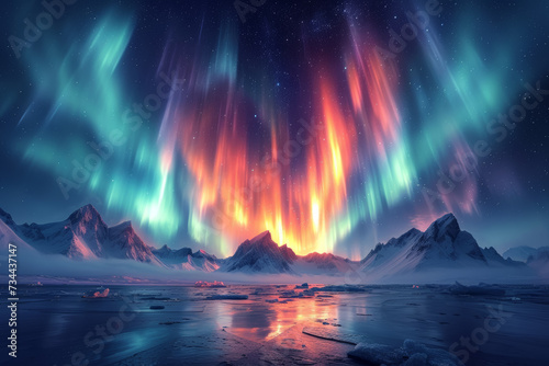 A mesmerizing aerial view of the Northern Lights dancing across the Arctic sky, showcasing the ethereal beauty of natural phenomena. Concept of celestial wonders. Generative Ai. © Sebastian