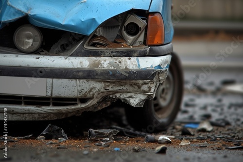 A blue car sits parked on the ground with a damaged front end, its tire and bumper visibly affected, highlighting the harsh reality of automotive accidents on the open road