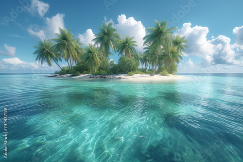 A tropical paradise unfolds on a secluded island, with palm-fringed beaches and crystal-clear waters, creating a haven for relaxation and tropical bliss. Concept of island escape. Generative Ai. © Sebastian