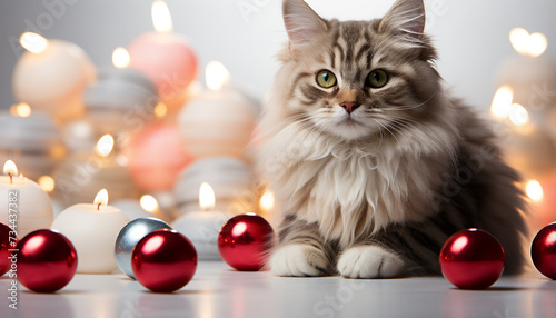 Fluffy kitten staring, illuminated by candle, celebrating Christmas with gifts generated by AI