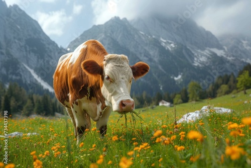 Amidst the breathtaking scenery of rolling mountains and a vast sky  a content dairy cow indulges in the lush green grass of a peaceful meadow  embodying the tranquil beauty of nature