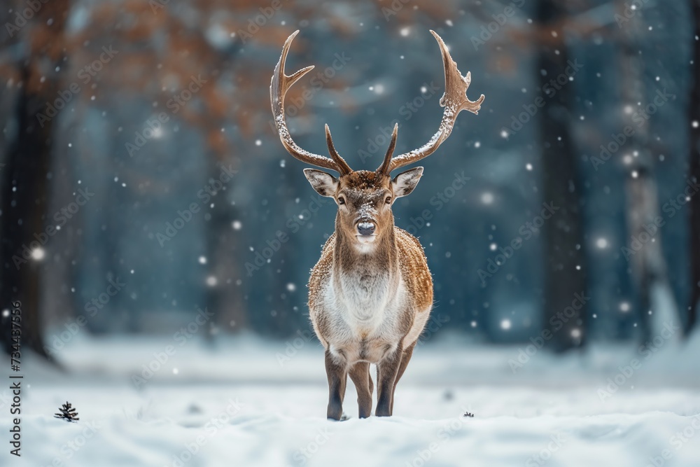 Fototapeta premium Noble deer male in winter snow forest. Artistic winter landscape