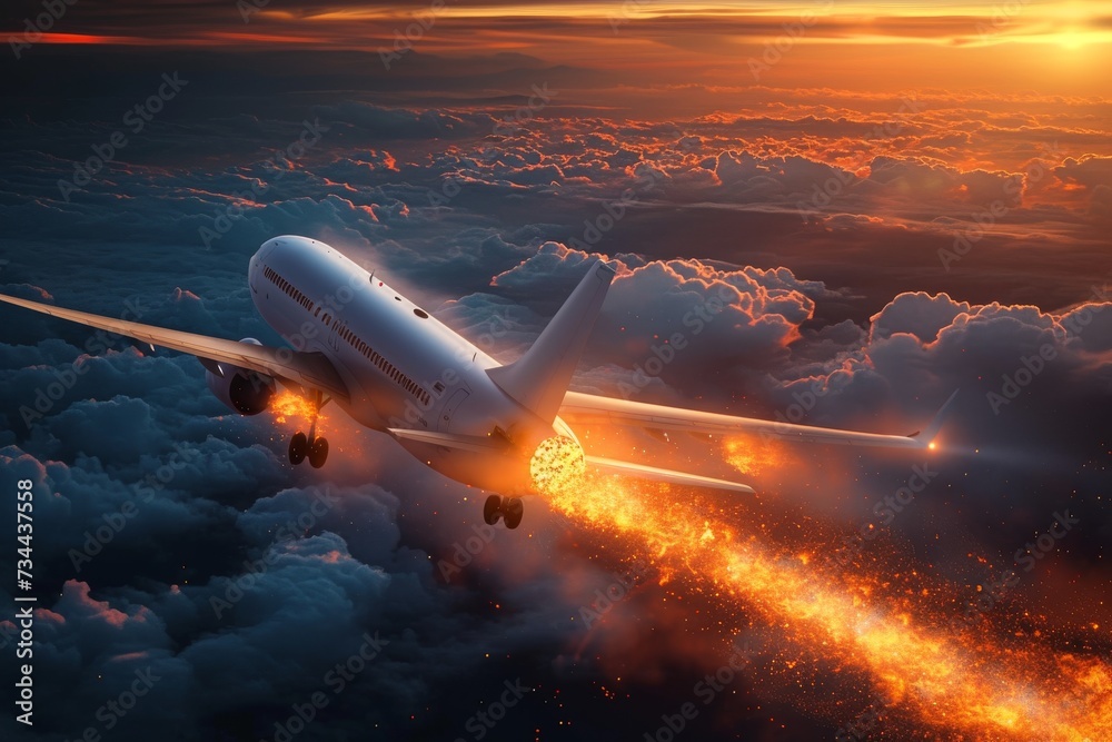 Amidst the vibrant sunset, an airliner soars through the clouds, its wing ablaze with fiery determination as it travels through the expansive sky - obrazy, fototapety, plakaty 