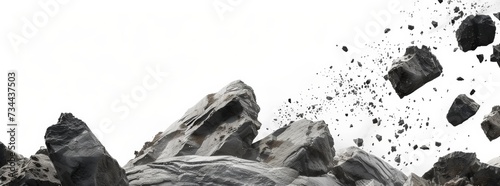 Rock stone white background fall black falling space isolated splash dust mountain cliff flying. Earth stone boulder texture rock abstract broken powder white dirt blast float burst fantasy surface