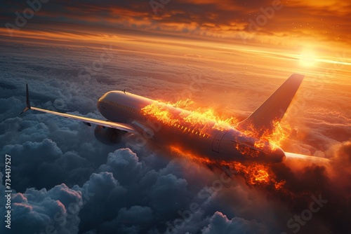 As the fiery plane pierced through the clouds, its wings ablaze, the once majestic aircraft became a symbol of the fragility of air travel and the daunting power of aerospace engineering, a haunting 