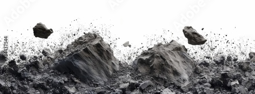 Rock stone white background fall black falling space isolated splash dust mountain cliff flying. Earth stone boulder texture rock abstract broken powder white dirt blast float burst fantasy surface photo