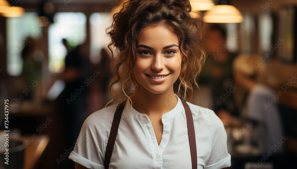 A cheerful barista, a young woman, smiling confidently generated by AI