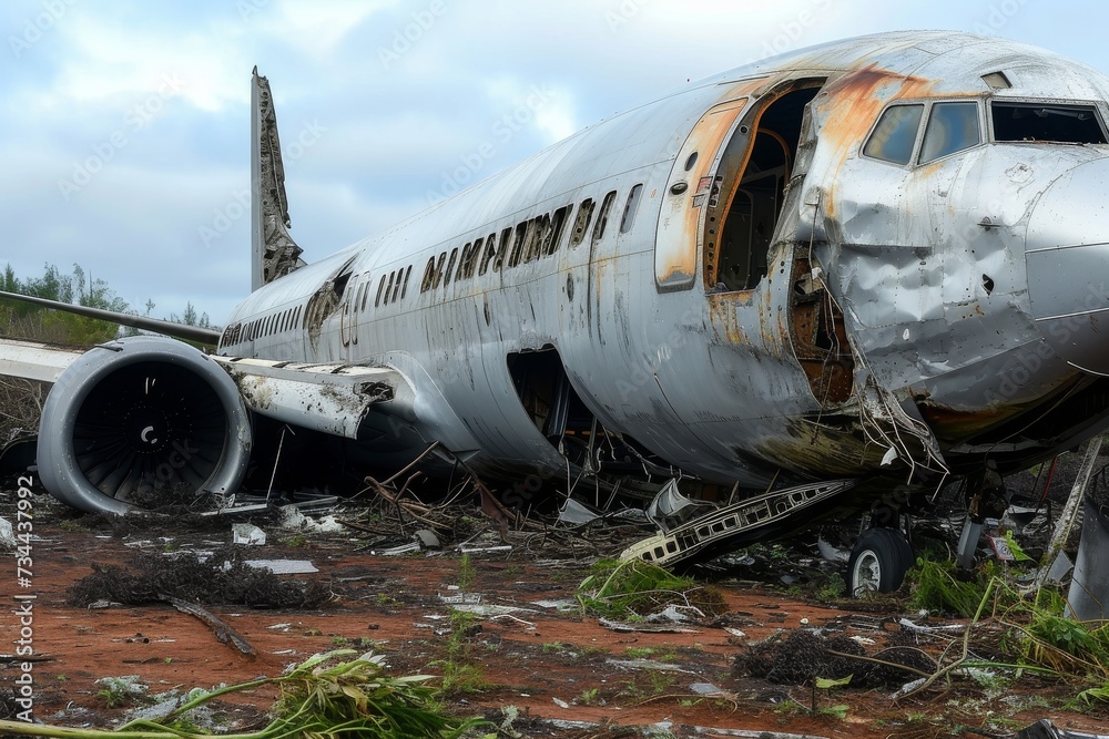 A deserted plane lies abandoned on the grass, its jet engines still running and its wings stretched towards the sky, a stark reminder of the fragility of air travel A deserted plane lies abandoned on the grass, its jet engines still running and its wings stretched towards the sky, a stark reminder of the fragility of air travel