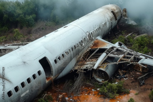 Amidst the lush greenery of a sprawling field, a once majestic airplane now lies in ruins, a symbol of the devastating effects of pollution on our environment