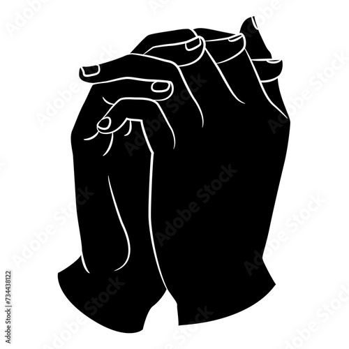 Two human hands folded in pray. Christian symbol. Gesture with interlaced fingers. Black and whit silhouette.