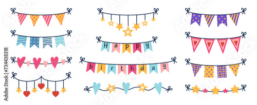 Holiday garland vector set. Colorful flags in different shapes hanging on a string. Textile decoration for a birthday, party, carnival, festival. Accessory with stars, hearts. Cartoon clipart for kids photo