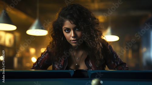 Female portrait. Young beautiful brunette woman in billiard club near green pool table with balls and cue looking at camera. Concept of beauty, march 8, women's day, nightlife, fun, game, bar, pub
