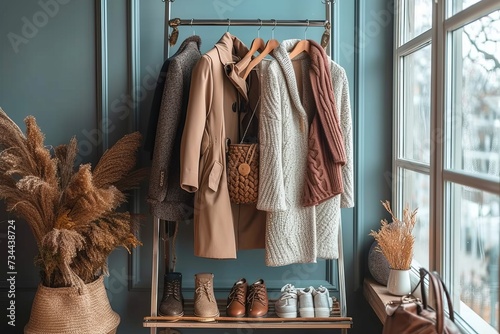 A stylish indoor closet adorned with a variety of fashionable clothes and shoes, ready to inspire your next fashion design