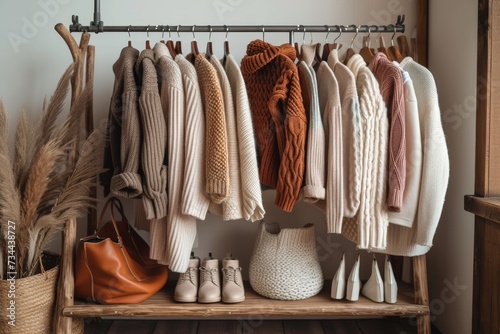 A stylish indoor closet filled with hanging clothes, organized shelves, and a variety of fashionable shoes