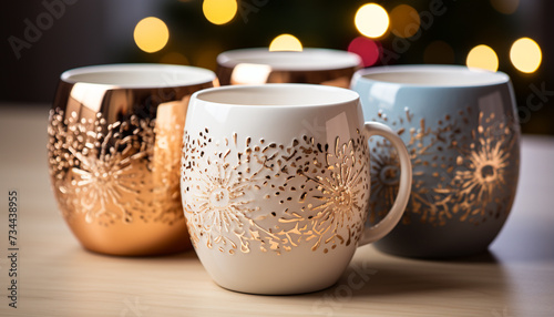 Bright yellow coffee cup on wooden table, still life decoration generated by AI