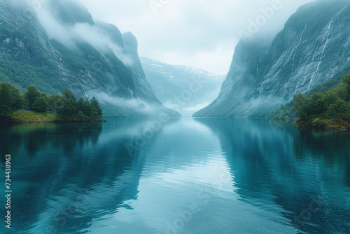 A quiet evening by the fjords, where serene waters mirror the surrounding mountains, creating a picturesque and calming vista. Concept of fjord serenity. Generative Ai.