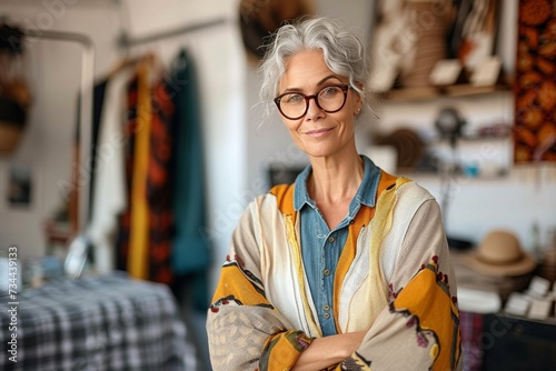 A stylish woman with a bright smile wears glasses and a colorful shirt, standing against a vibrant wall, showcasing her fashionable sense of style photo