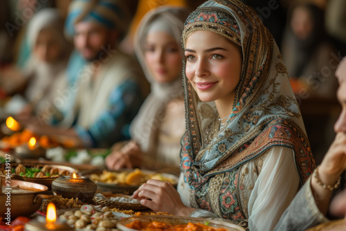 A warm and inviting family gathering for the pre-dawn Suhoor meal, filled with joyous conversations and the anticipation of a day of fasting. Concept of familial unity during Ramadan. Generative Ai.