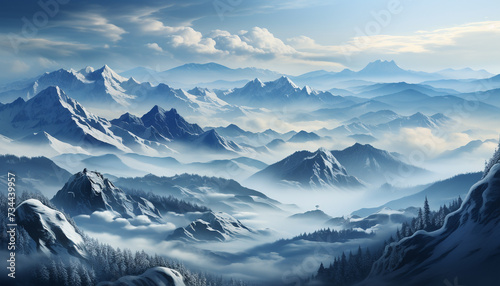 Majestic mountain peak silhouettes against a tranquil blue sky generated by AI