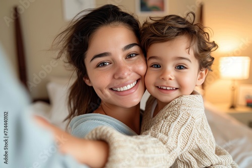 A joyful mother and her cherubic toddler radiate pure happiness as they pose against a colorful indoor wall, their beaming smiles showcasing glowing skin, sparkling eyes, and pearly white teeth photo