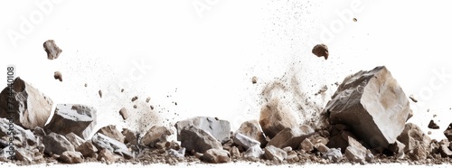 Rock stone white background fall black falling space isolated splash dust mountain cliff flying. Earth stone boulder texture rock abstract broken powder white dirt blast float burst fantasy surface. photo