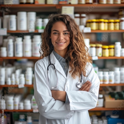 A female chemist stands proudly in her white lab coat, surrounded by rows of pharmaceuticals and laboratory equipment, as she tends to the needs of her patients with precision and care