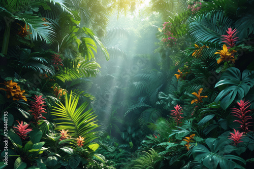 A lush tropical forest canopy, teeming with vibrant flora and fauna, capturing the essence of biodiversity and ecological harmony. Concept of thriving ecosystems. Generative Ai.
