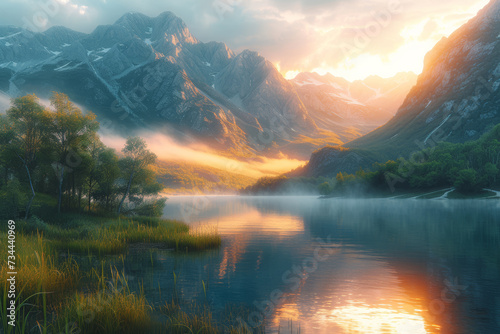 A serene lakeside scene during golden hour  with reflections of the surrounding landscape painting the water s surface  evoking tranquility and natural beauty.  Generative Ai.