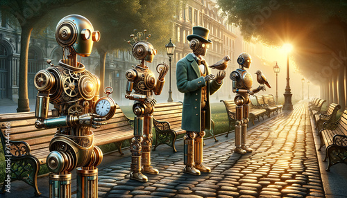 Steampunk robots in a serene park at sunrise with antique pocket watch