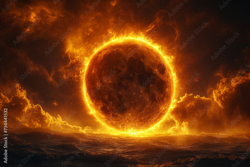 A celestial eclipse, with the moon partially covering the sun, creating a cosmic spectacle that symbolizes the beauty of celestial events. Concept of astronomical phenomena. Generative Ai. A celestial eclipse, with the moon partially covering the sun, creating a cosmic spectacle that symbolizes the beauty of celestial events. Concept of astronomical phenomena. Generative Ai.