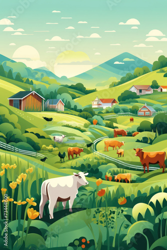 Green Countryside: Serene Farmhouse on a Summer Meadow - Illustration