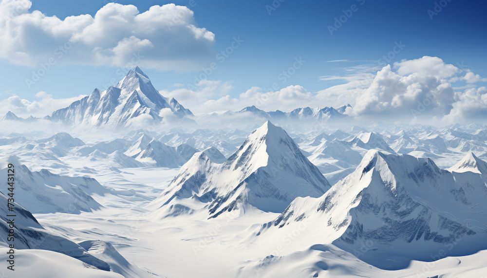 Majestic mountain peak, snowcapped and tranquil, a winter adventure generated by AI