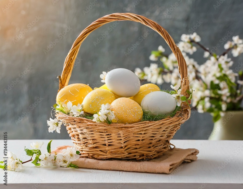 Basket with eggs on table with flowers