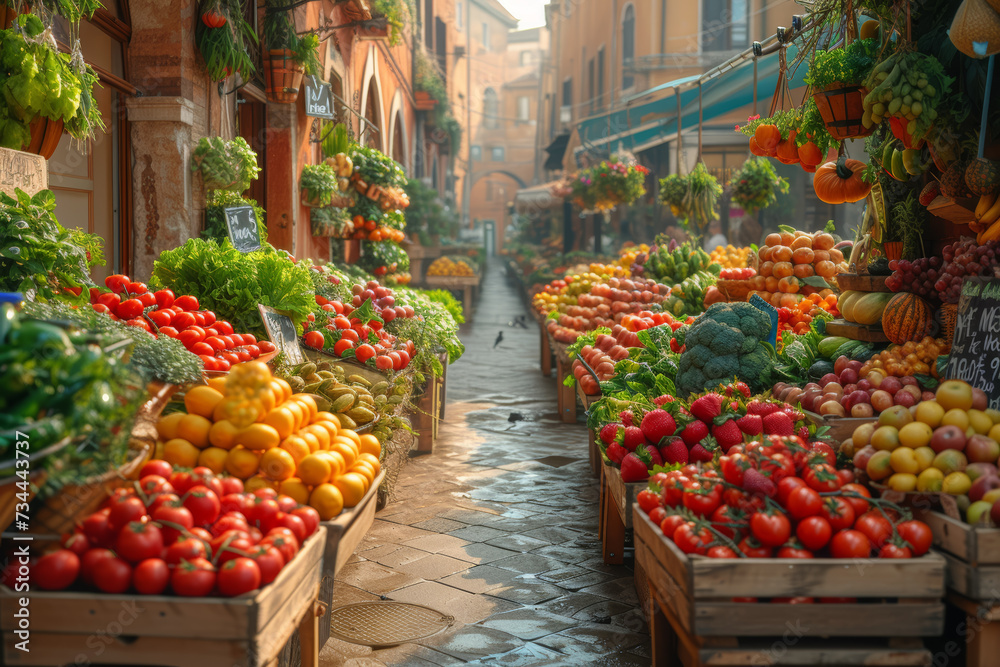 A bustling farmers' market, filled with vibrant stalls offering fresh produce and artisanal goods, embodying the spirit of community and sustainable living. Concept of local abundance. Generative Ai.