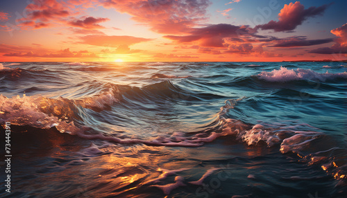 Sunset over water, nature beauty reflected in tranquil wave generated by AI