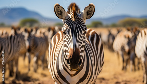 A small group of striped zebras standing in the savannah generated by AI
