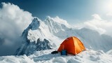 Mountaineer by a striking orange tent atop a snowy peak. Generative ai