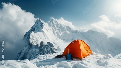 Mountaineer by a striking orange tent atop a snowy peak. Generative ai