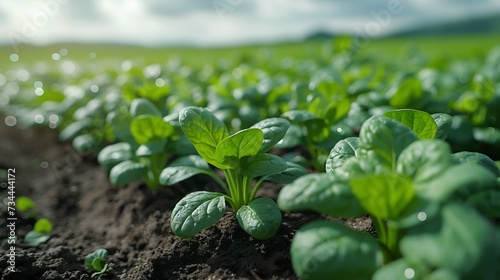 Sprouting spinach field under a clear sky. Generative ai