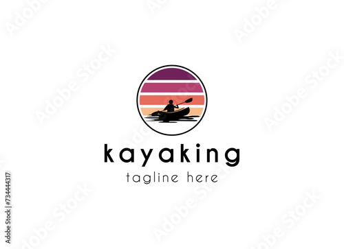 Kayak boat paddle pedal, silhouette of river stream kayaker logo design