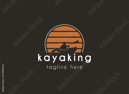 Kayak boat paddle pedal, silhouette of river stream kayaker logo design