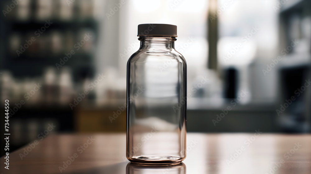 Clear glass bottle with a brown cap on a wooden table, pharmacy shelves blurred in the background
Clear glass bottle with a brown cap on a wooden table, pharmacy shelves blurred in the background