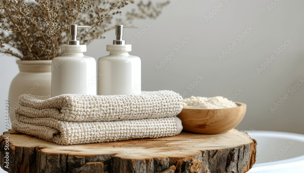 A rustic still life of white vases and towels perched atop a tree stump indoors, framed by a weathered wall