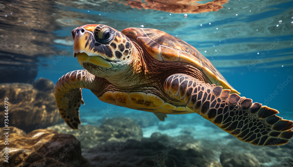 Fototapeta premium A slow turtle swims in the blue underwater paradise generated by AI